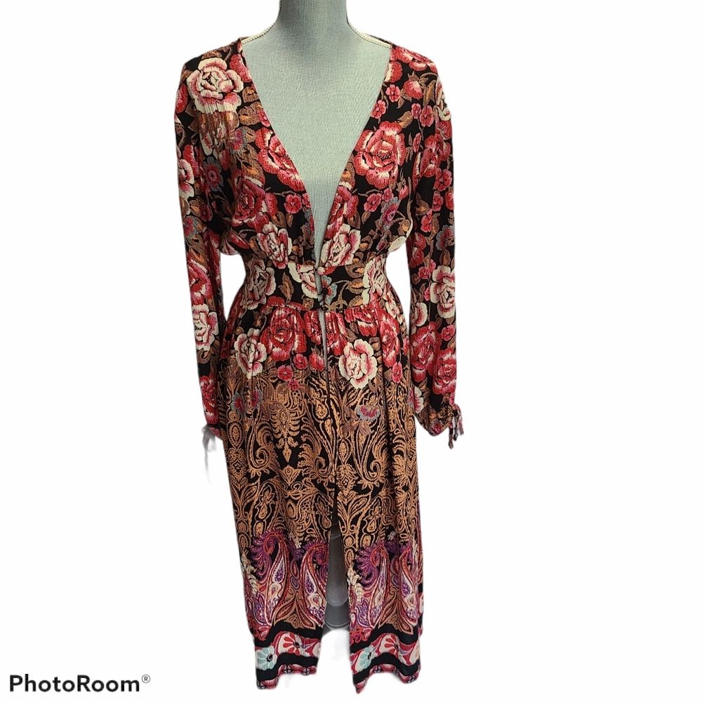 Angie Boho Floral Long Sleeve Kimono Duster Size S